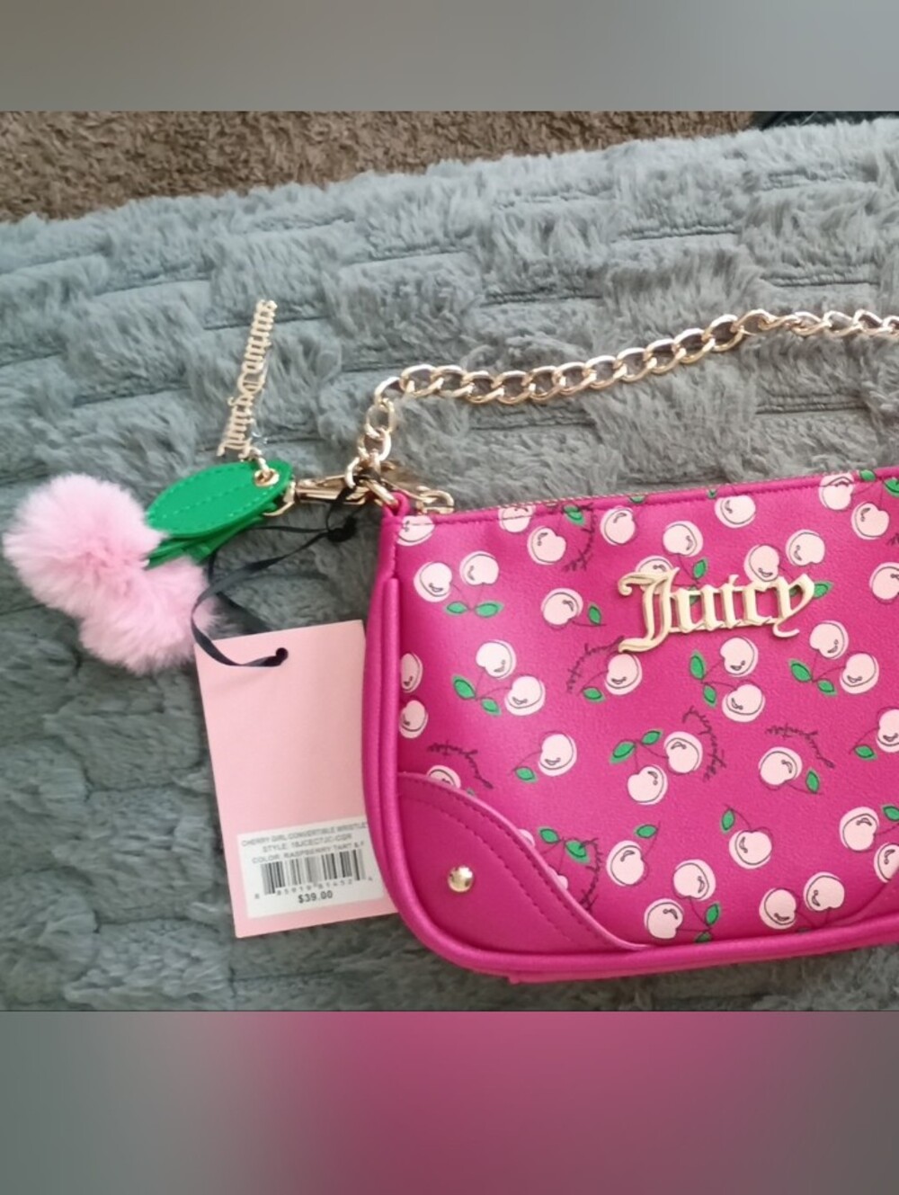 Juicy Couture Pink Cherry Print Wristlet with Pom Charm